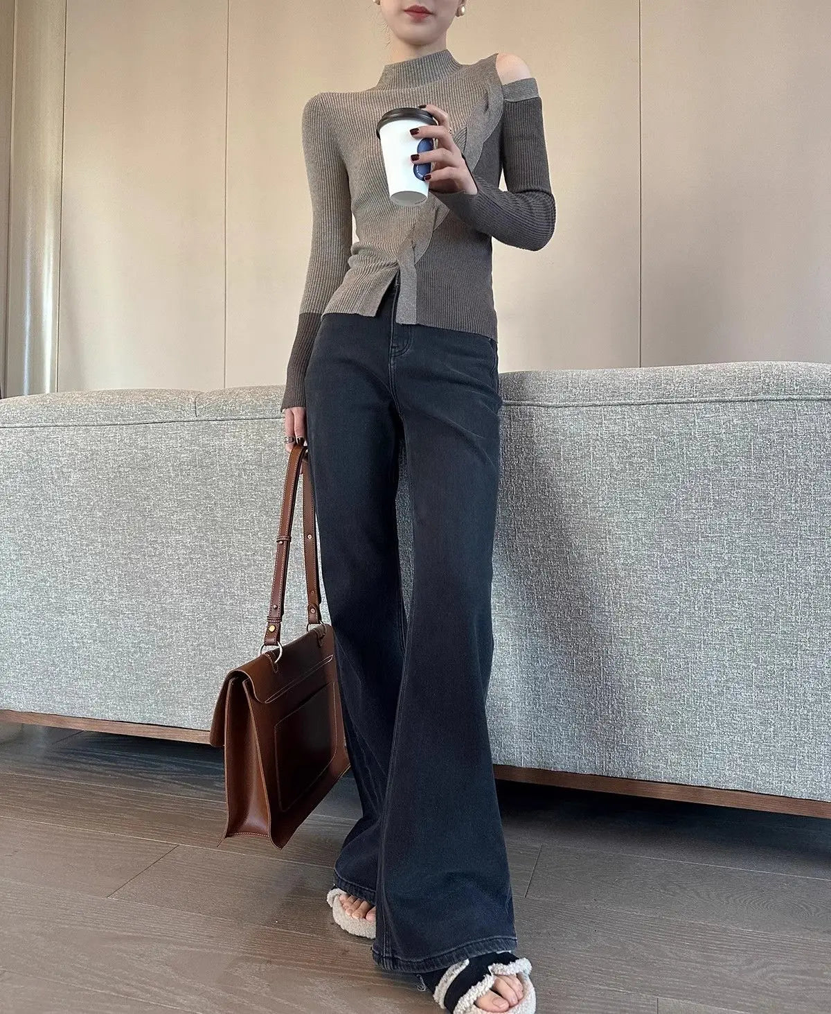 Half Turtleneck Contrasting Sweater Women Autumn Winter New Fashionable Irregular Base Shirt