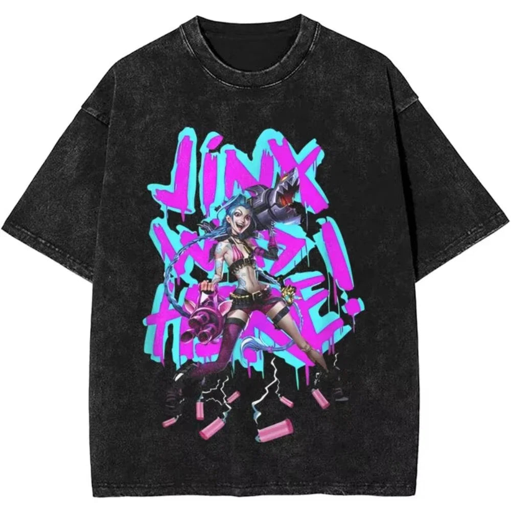 2025 Hot Anime Arcane Jinx T Shirt Hip Hop Washed Cotton T-Shirt Men Women Tops Oversized Streetwear Summer Tops Tees Clothing