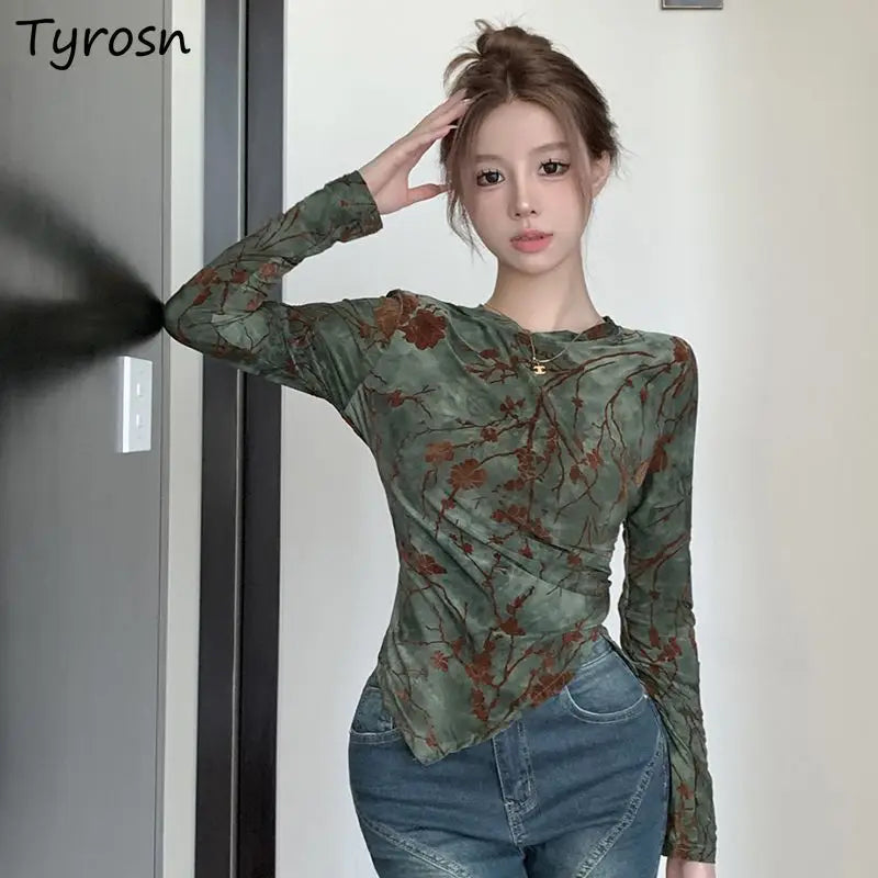 Floral Printing T Shirts Women Irregular Flattering Waist Long Sleeve Slim Female Tees Vintage Retro Side-slit Soft O-neck Fall