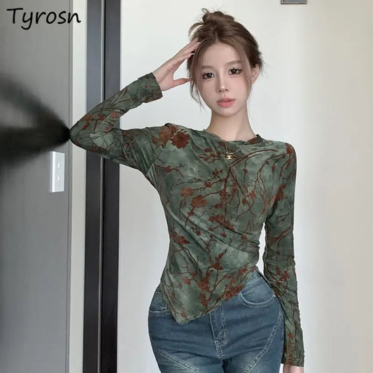 Floral Printing T Shirts Women Irregular Flattering Waist Long Sleeve Slim Female Tees Vintage Retro Side-slit Soft O-neck Fall