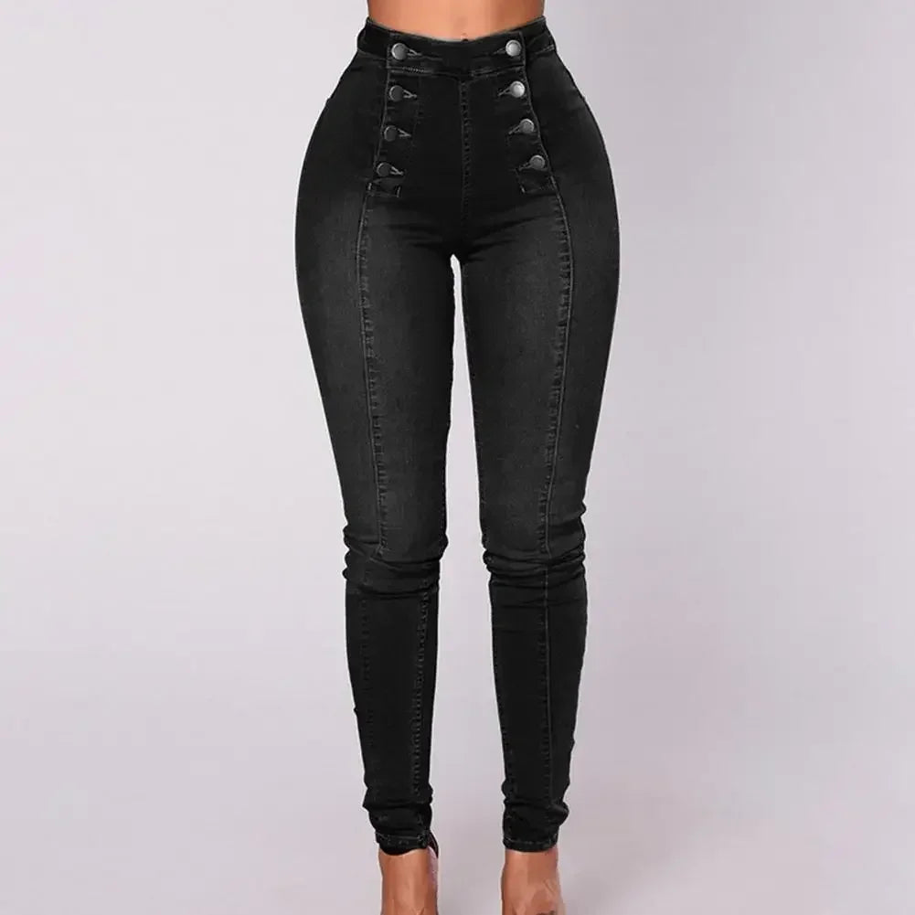 Women High Waist Pencil Jeans Double-breasted Button Fly Denim Pants Skinny Hip Lifting Long Trousers Lady Sexy Bodycon Jeans