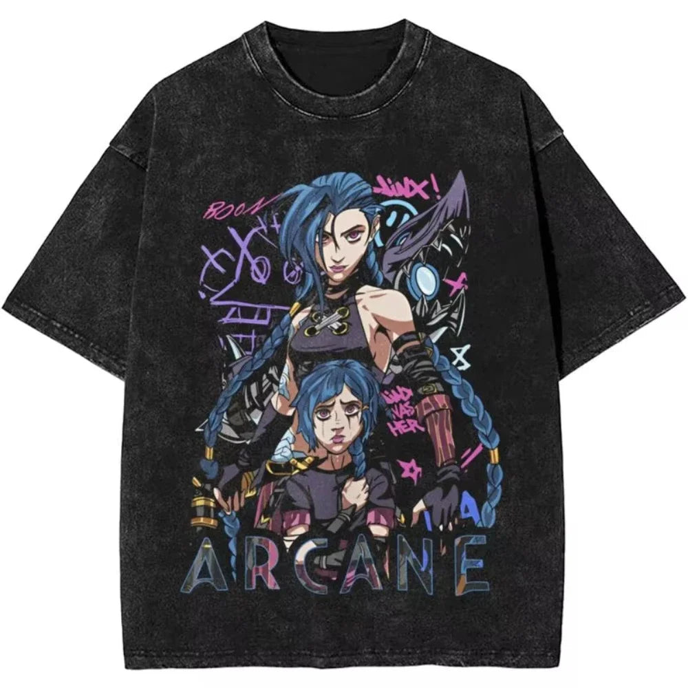 2025 Hot Anime Arcane Jinx T Shirt Hip Hop Washed Cotton T-Shirt Men Women Tops Oversized Streetwear Summer Tops Tees Clothing