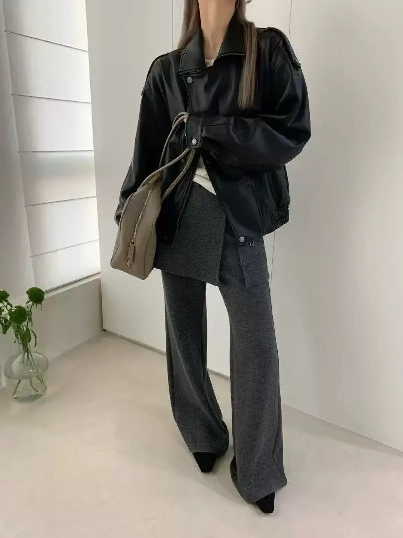 Korean Sle Women's Knitted Flared Casual Pants High Waist Autumn Winter New Faion Trendy Long Trousers Comfortable Design