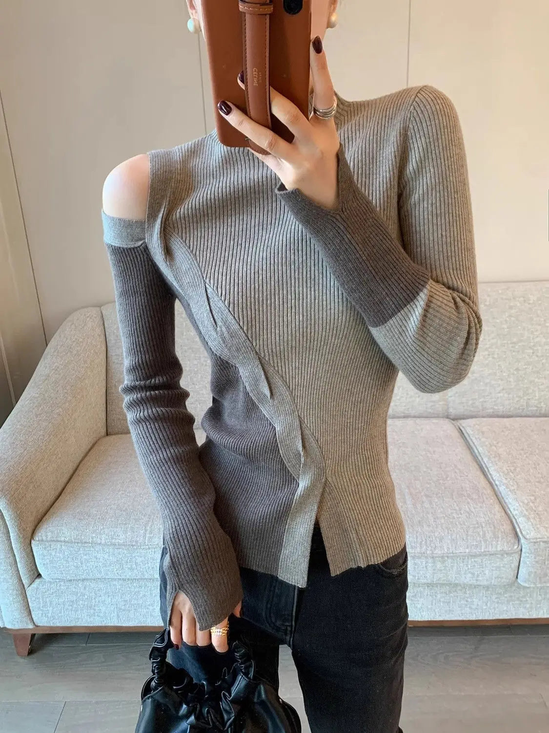 Half Turtleneck Contrasting Sweater Women Autumn Winter New Fashionable Irregular Base Shirt