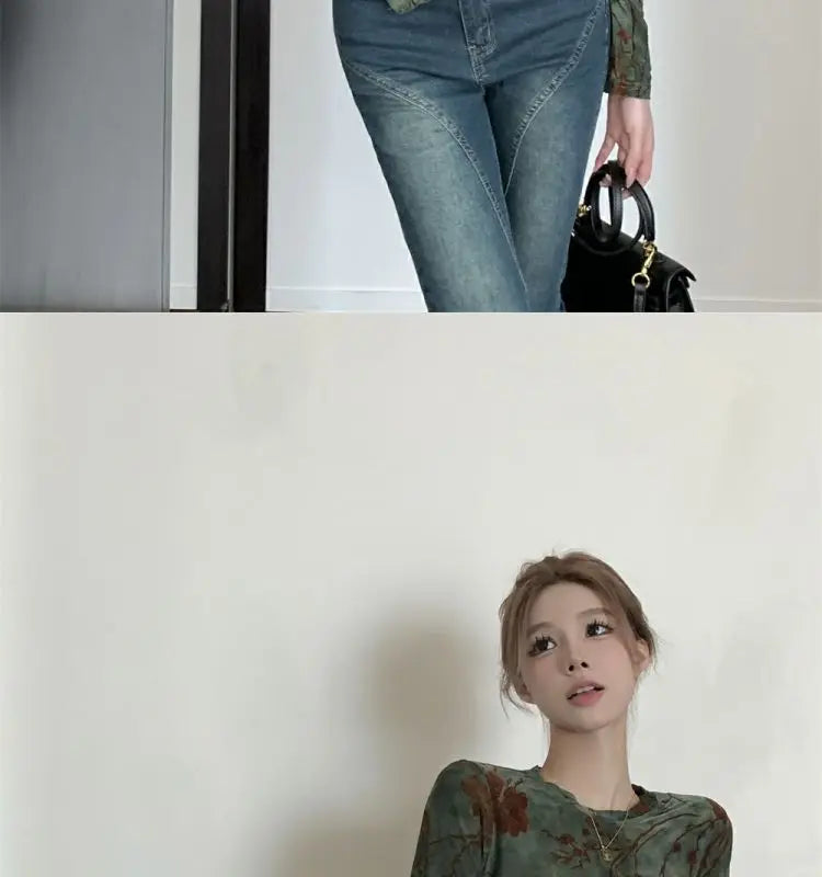 Floral Printing T Shirts Women Irregular Flattering Waist Long Sleeve Slim Female Tees Vintage Retro Side-slit Soft O-neck Fall