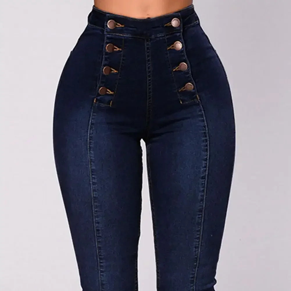 Women High Waist Pencil Jeans Double-breasted Button Fly Denim Pants Skinny Hip Lifting Long Trousers Lady Sexy Bodycon Jeans