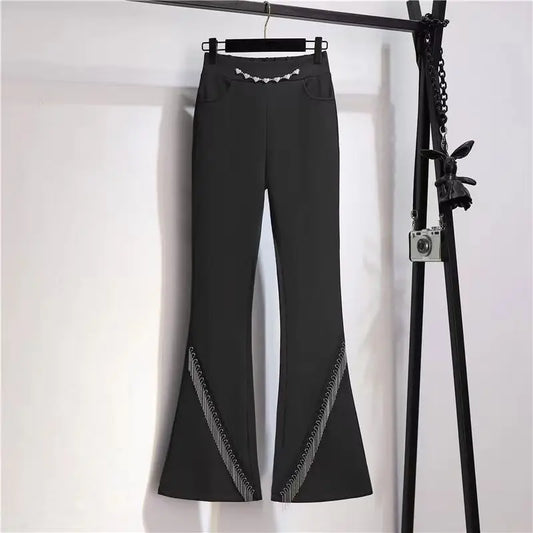 Simplicity Fashion Autumn Winter Flare Pants Women Solid Tassel Pockets Elastic High Waist Plus Velvet Slim Wide Leg Trousers