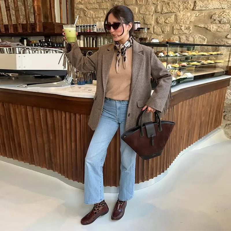 Fashion Women's Tassel Solid Blazer Jacket Lapel Full Sleeve Casual Coat 2026 Spring Autumn Lady Elegant Street Lady Outwear New