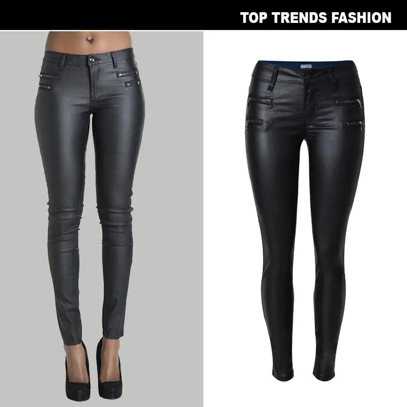 Popular Womens Leather Pant Low Waist and Slim Feet PU Leather Pants Double Zipper Pant for Women