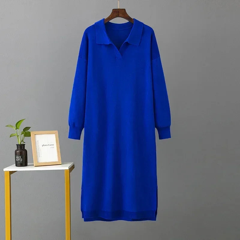 Winter Warm Thick Knit Loose Dress Women Sweater Split Dress Fashion Autumn Korean Ladys Polo Neck Casual Oversized Soft Dresses