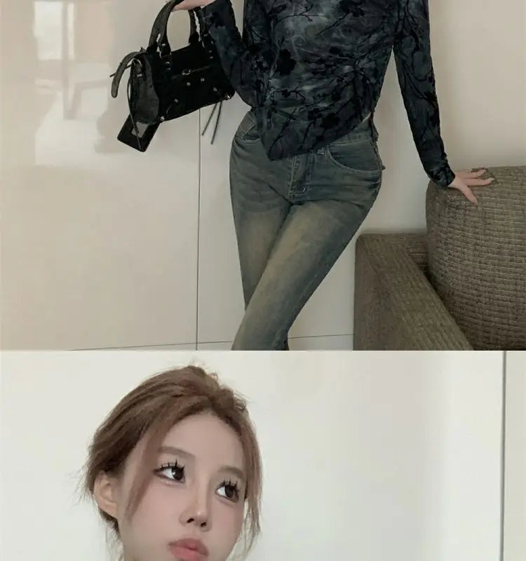 Floral Printing T Shirts Women Irregular Flattering Waist Long Sleeve Slim Female Tees Vintage Retro Side-slit Soft O-neck Fall