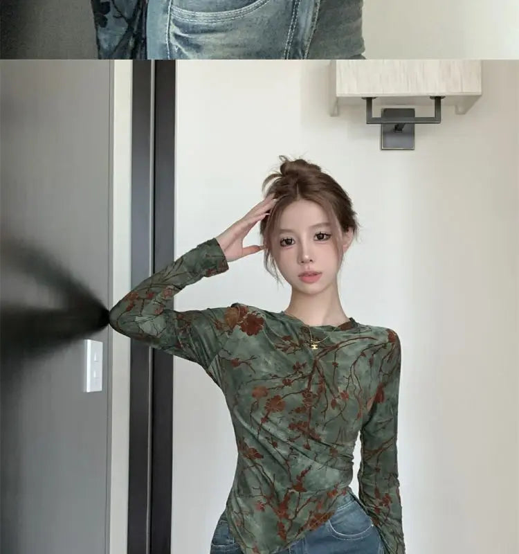 Floral Printing T Shirts Women Irregular Flattering Waist Long Sleeve Slim Female Tees Vintage Retro Side-slit Soft O-neck Fall