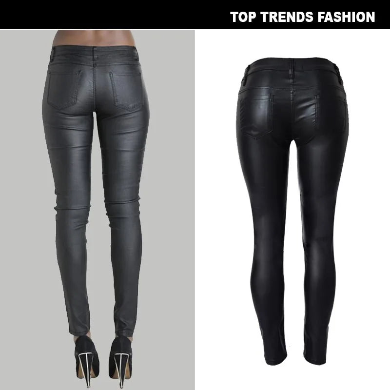 Popular Womens Leather Pant Low Waist and Slim Feet PU Leather Pants Double Zipper Pant for Women