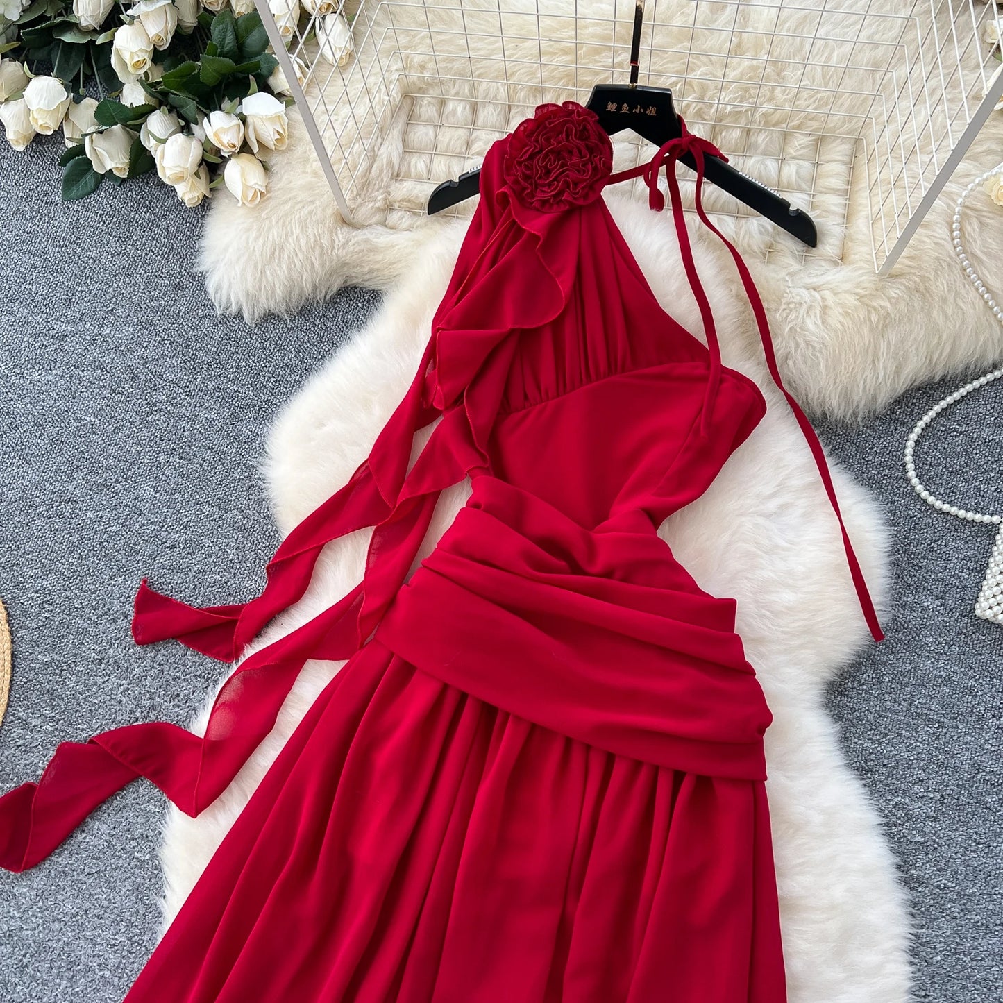 Elegant Sleeveless Vintage Diagonal Collar Sexy Off Shoulder Chic Three-dimensional Floral Slim Evening High Street Long Dresses