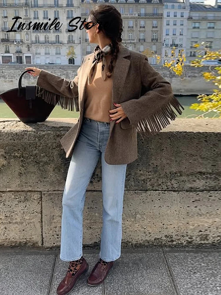 Fashion Women's Tassel Solid Blazer Jacket Lapel Full Sleeve Casual Coat 2026 Spring Autumn Lady Elegant Street Lady Outwear New