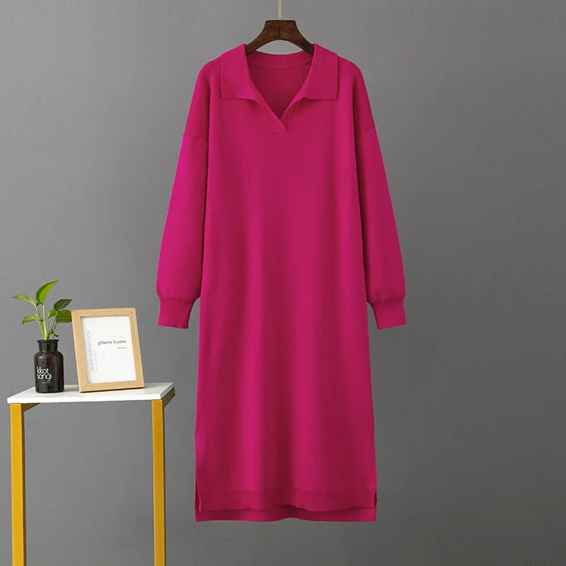 Winter Warm Thick Knit Loose Dress Women Sweater Split Dress Fashion Autumn Korean Ladys Polo Neck Casual Oversized Soft Dresses