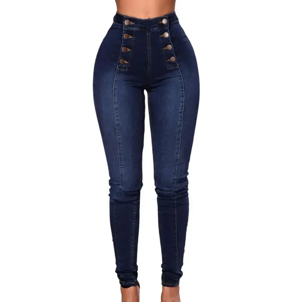 Women High Waist Pencil Jeans Double-breasted Button Fly Denim Pants Skinny Hip Lifting Long Trousers Lady Sexy Bodycon Jeans