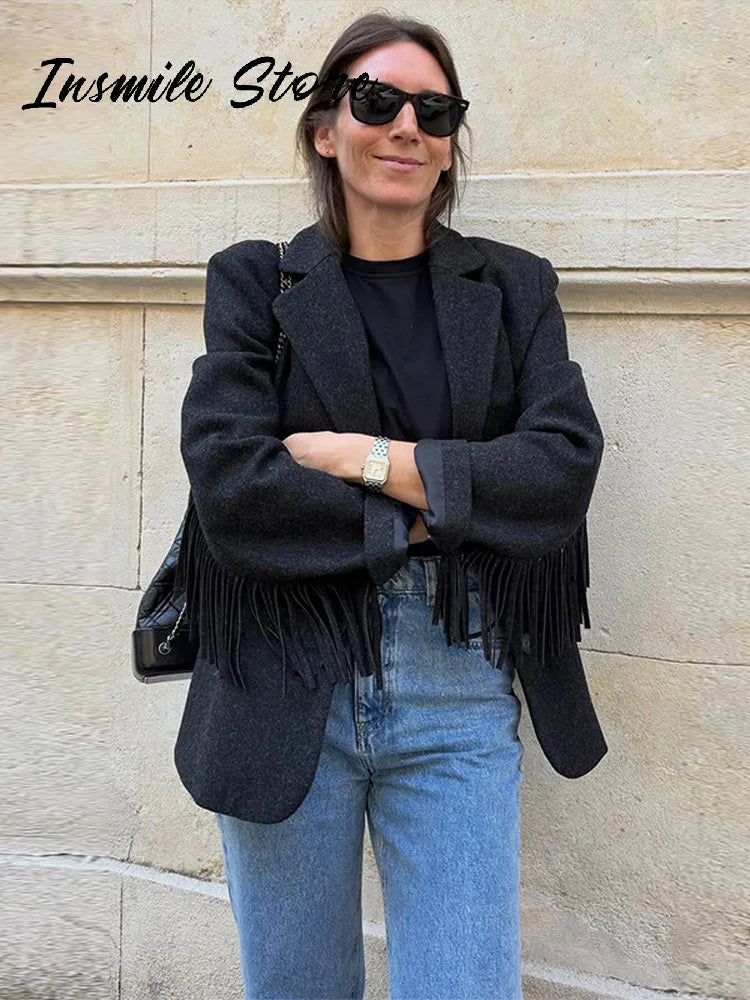 Fashion Women's Tassel Solid Blazer Jacket Lapel Full Sleeve Casual Coat 2026 Spring Autumn Lady Elegant Street Lady Outwear New