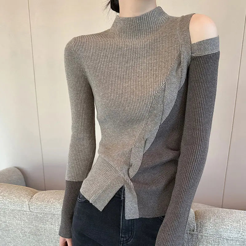 Half Turtleneck Contrasting Sweater Women Autumn Winter New Fashionable Irregular Base Shirt