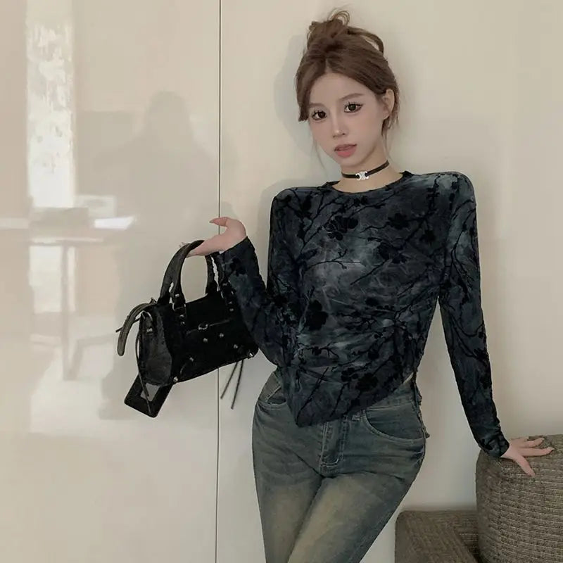 Floral Printing T Shirts Women Irregular Flattering Waist Long Sleeve Slim Female Tees Vintage Retro Side-slit Soft O-neck Fall