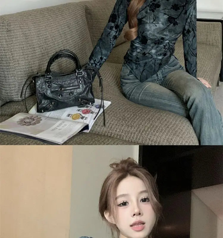 Floral Printing T Shirts Women Irregular Flattering Waist Long Sleeve Slim Female Tees Vintage Retro Side-slit Soft O-neck Fall