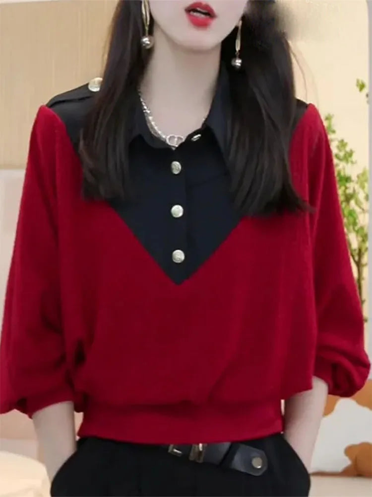 Fashion Spliced Button Batwing Sleeve Blouses Women's Clothing 2023 Autumn Winter Loose Casual Tops Fake Two Pieces Shirts