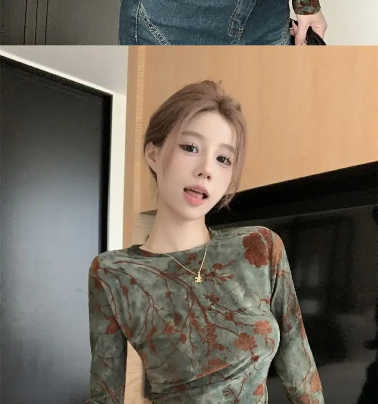 Floral Printing T Shirts Women Irregular Flattering Waist Long Sleeve Slim Female Tees Vintage Retro Side-slit Soft O-neck Fall