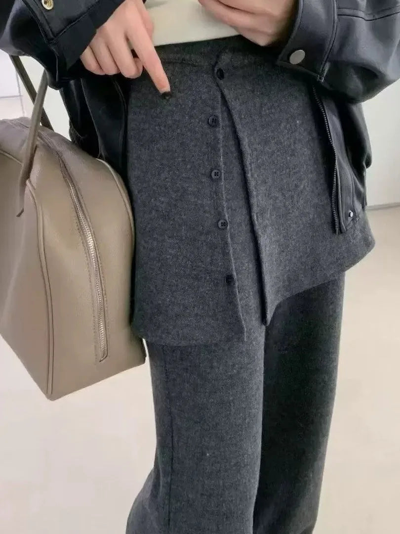 Korean Sle Women's Knitted Flared Casual Pants High Waist Autumn Winter New Faion Trendy Long Trousers Comfortable Design