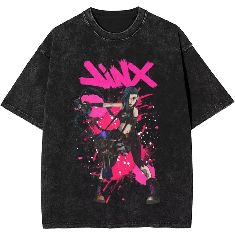 2025 Hot Anime Arcane Jinx T Shirt Hip Hop Washed Cotton T-Shirt Men Women Tops Oversized Streetwear Summer Tops Tees Clothing