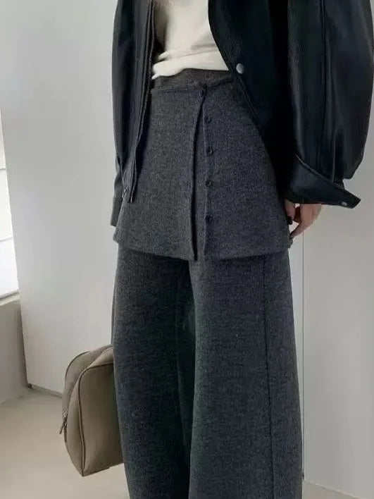 Korean Sle Women's Knitted Flared Casual Pants High Waist Autumn Winter New Faion Trendy Long Trousers Comfortable Design