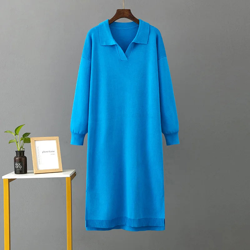 Winter Warm Thick Knit Loose Dress Women Sweater Split Dress Fashion Autumn Korean Ladys Polo Neck Casual Oversized Soft Dresses