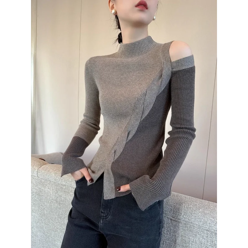 Half Turtleneck Contrasting Sweater Women Autumn Winter New Fashionable Irregular Base Shirt